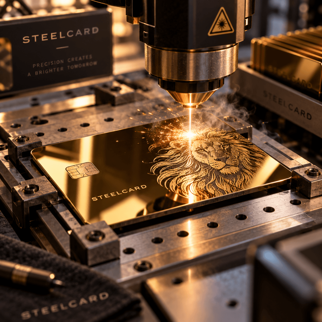 Производственный процесс STEELCARD — лазерная гравировка золотистой металлической карты